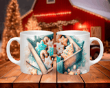 Two mugs with Christmas-themed designs of cookies and a gingerbread house on a wooden surface.