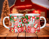 Two Christmas-themed mugs on a wooden surface with a festive background.