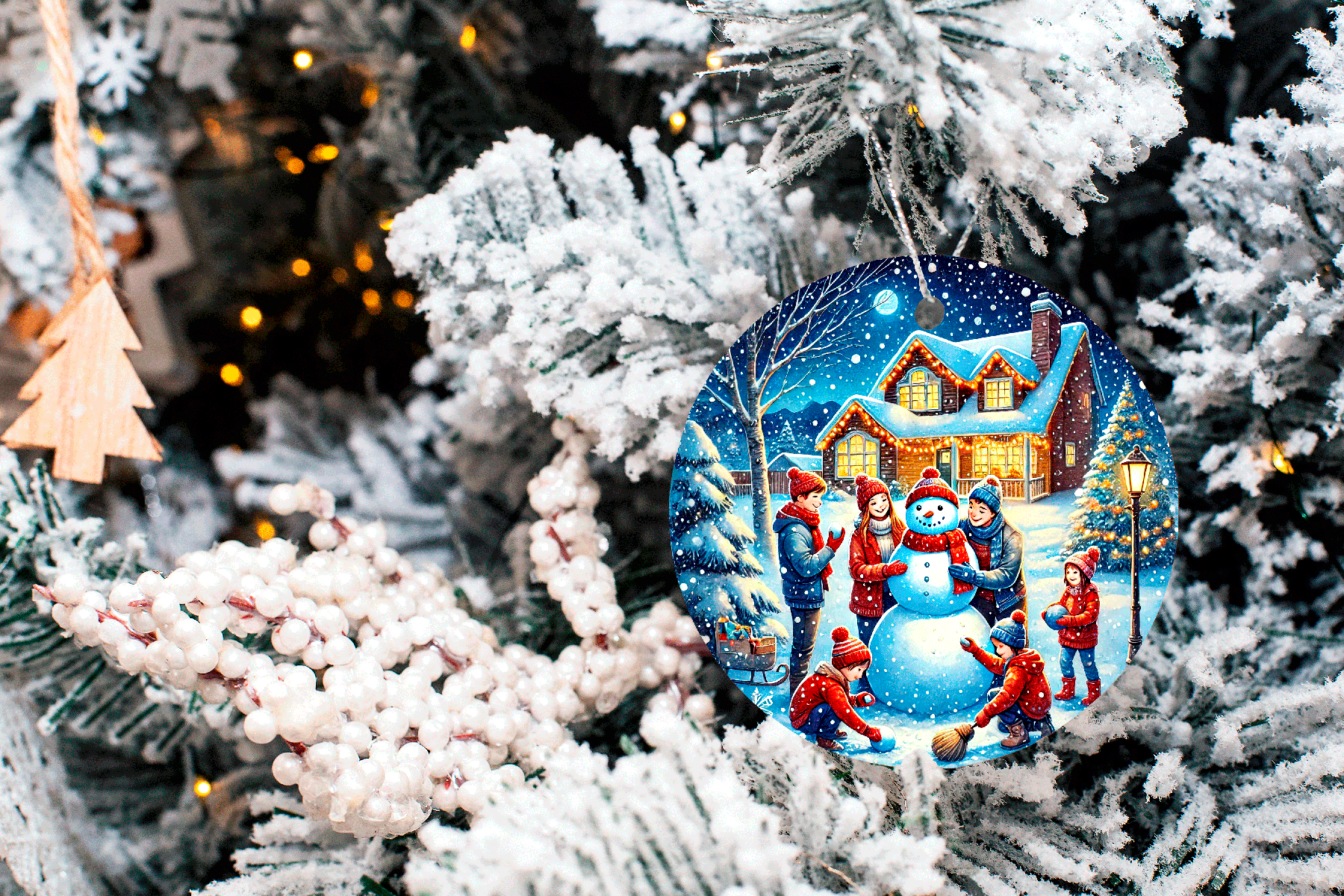 Decorative Christmas ornament with a snowy village scene on a tree.