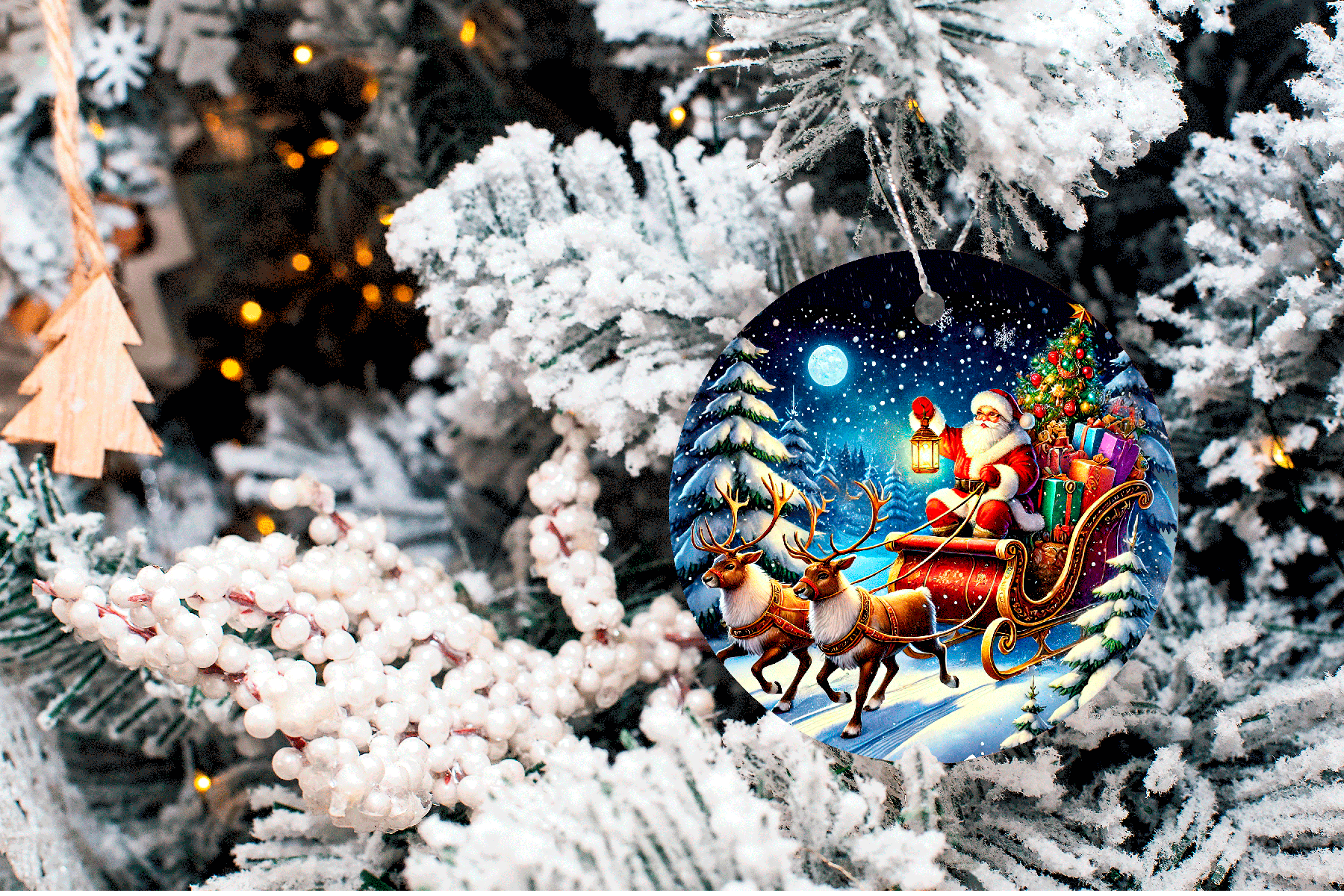 Decorative Christmas ornament with Santa Claus in a sleigh surrounded by reindeer on a snowy night scene, hanging on a decorated tree.