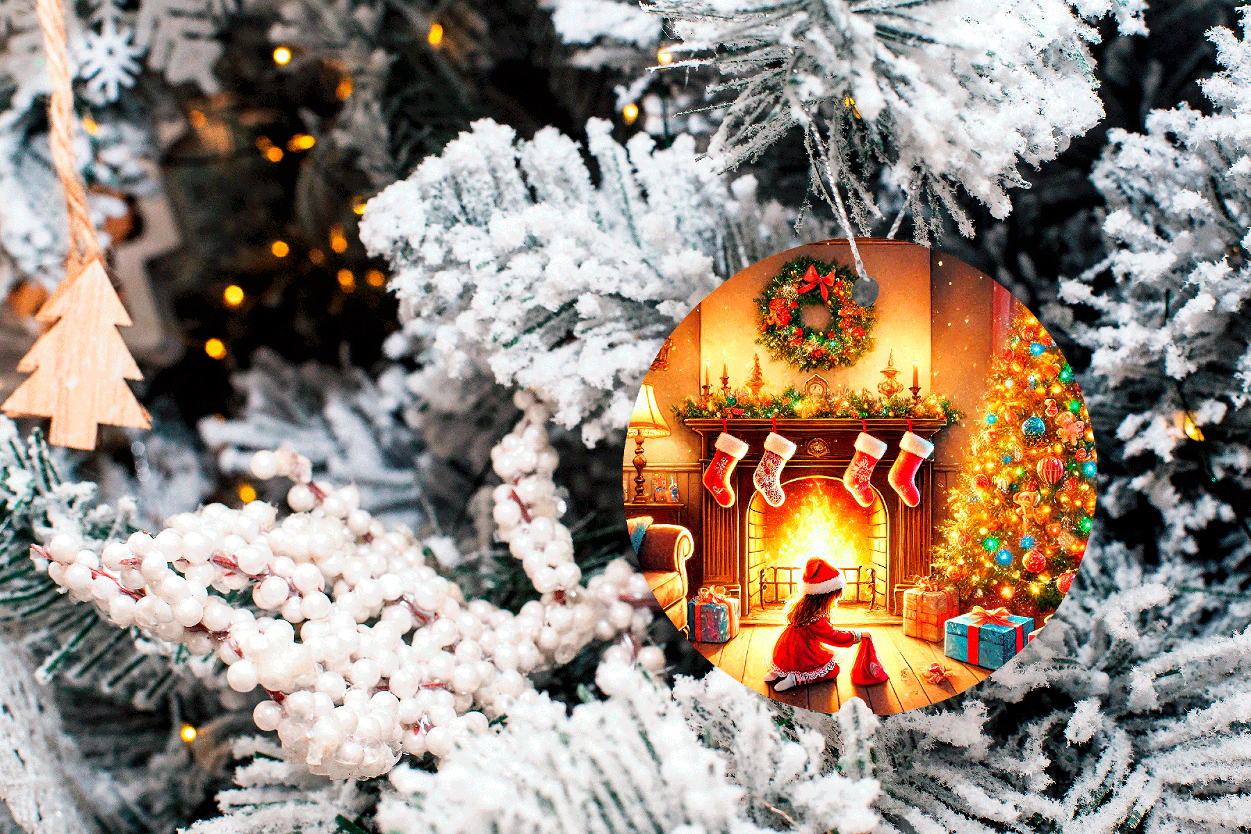 Decorative Christmas scene with a cozy fireplace inset surrounded by a snowy tree.
