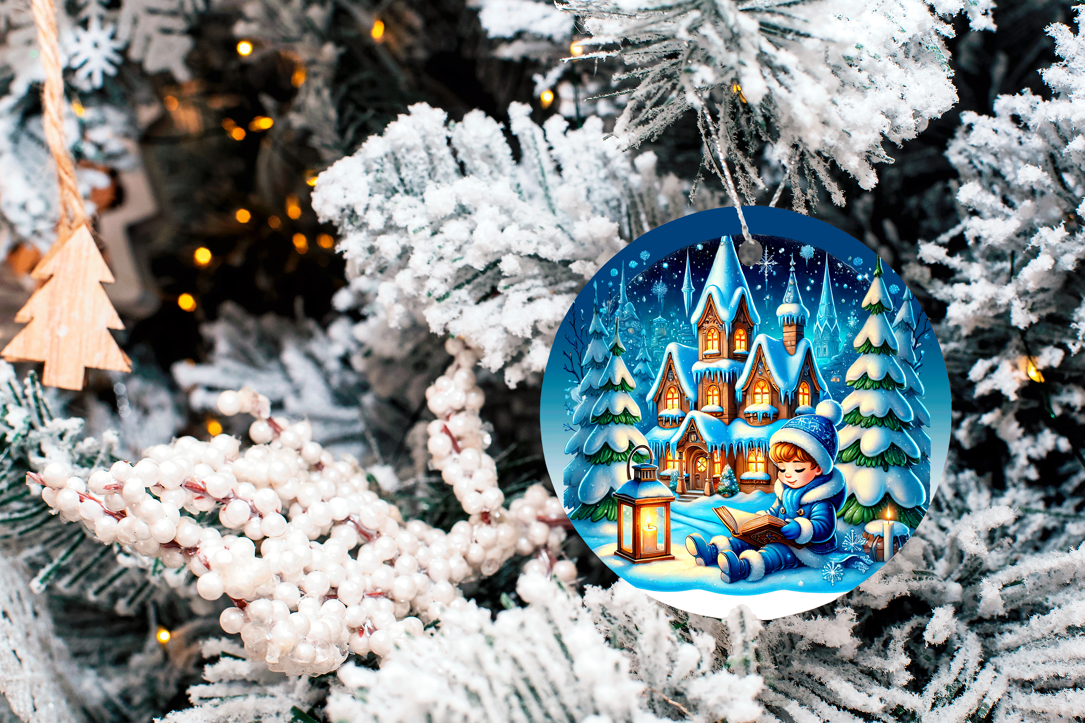 Decorative Christmas ornament with a winter scene on a tree