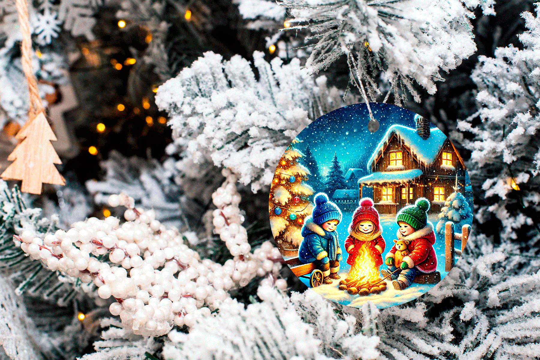 Decorative Christmas ornament with three children around a campfire on a snowy tree.