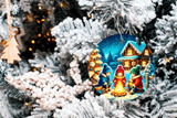 Decorative Christmas ornament with three children around a campfire on a snowy tree.
