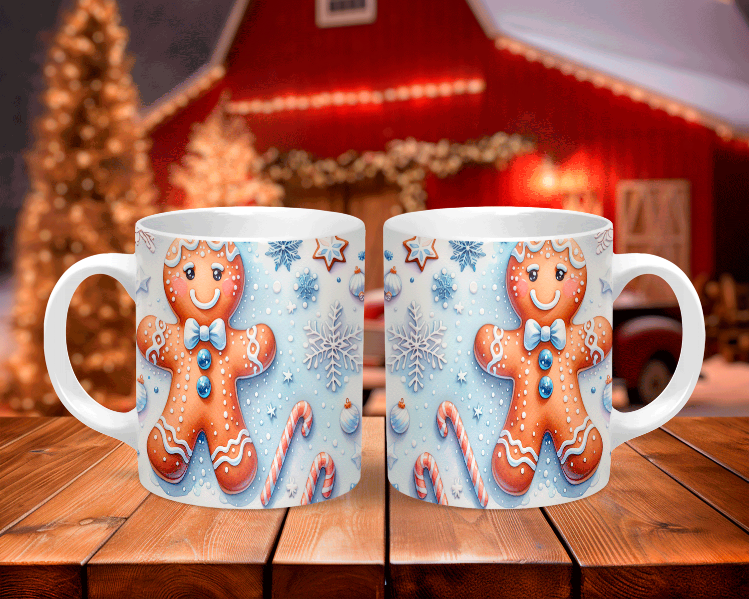 Two mugs with gingerbread man design on a wooden surface with festive background