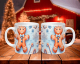 Two mugs with gingerbread man design on a wooden surface with festive background