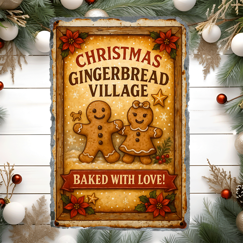 Decorative sign for Christmas Gingerbread Village with gingerbread men on a festive background.