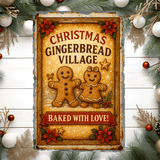 Decorative sign for Christmas Gingerbread Village with gingerbread men on a festive background.