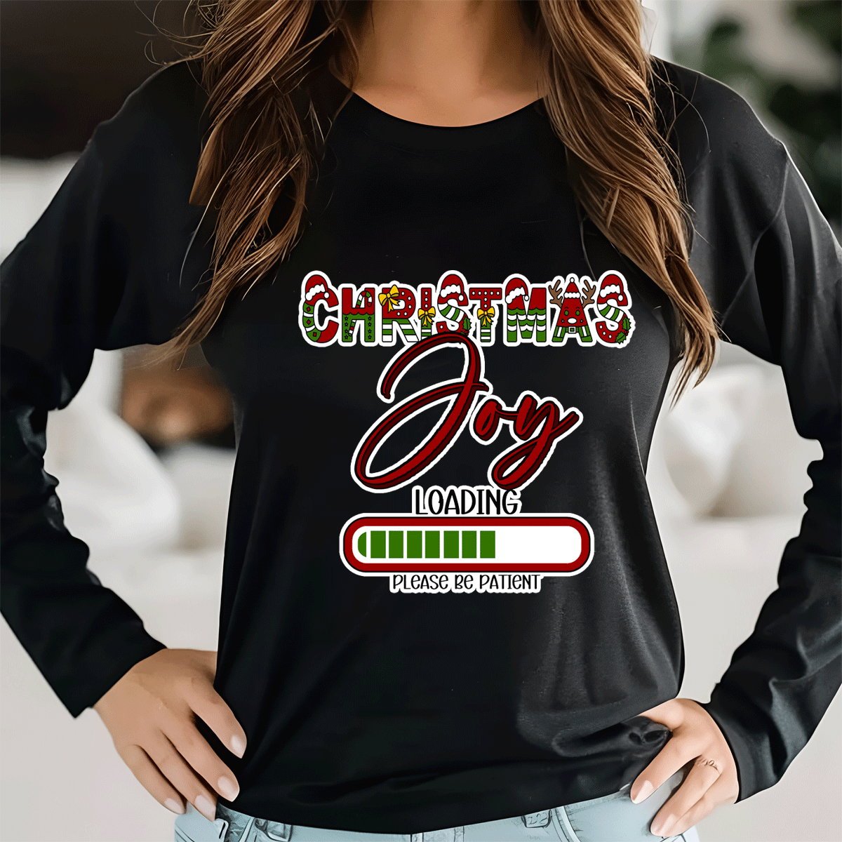 Black long-sleeve shirt with 'Christmas Joy Loading' text design.