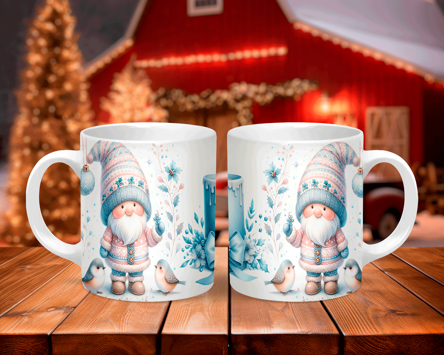 Two mugs with a decorative design of a gnome on a wooden table with a festive background.