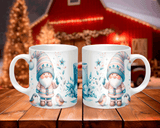 Two mugs with a decorative design of a gnome on a wooden table with a festive background.