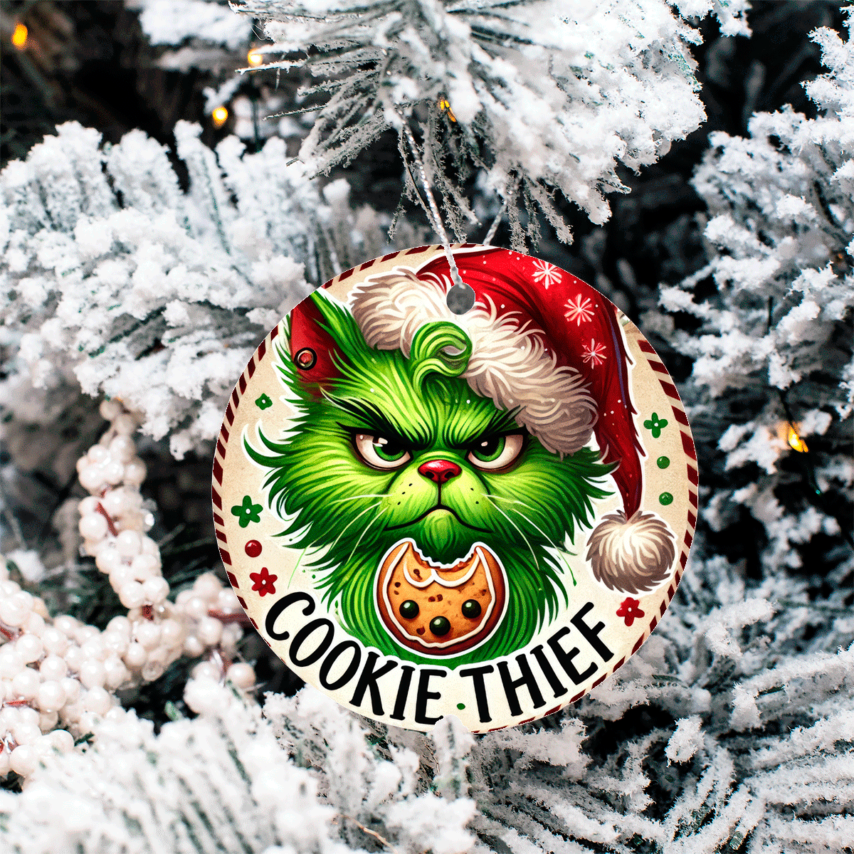 Christmas ornament with a green character wearing a Santa hat and 'Cookie Thief' text, hanging on a snow-covered tree.