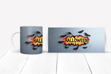 Halloween-themed mug set with 'HALLOWEEN' design on a white surface.