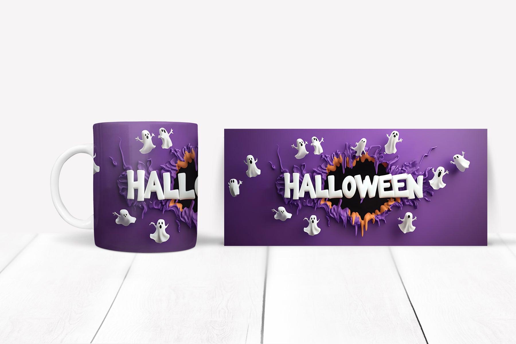 Halloween-themed mug with ghost designs on a white background