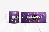 Halloween-themed mug with ghost designs on a white background