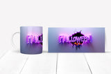 Halloween-themed mug with ghost designs on a white background