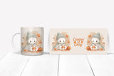 Cute character mug with autumn theme on a white surface.