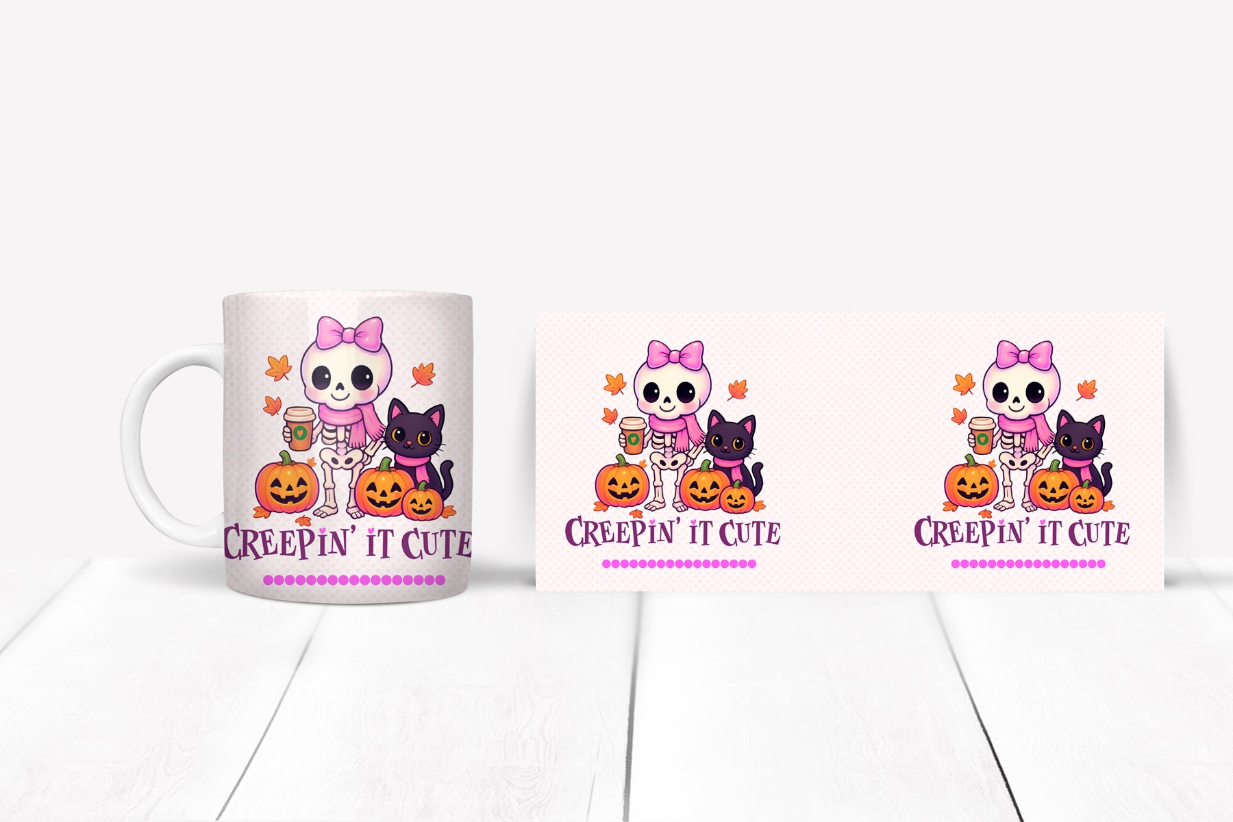 Coffee mug with a Halloween-themed design featuring a skeleton girl, black cat, and pumpkins on a white background.