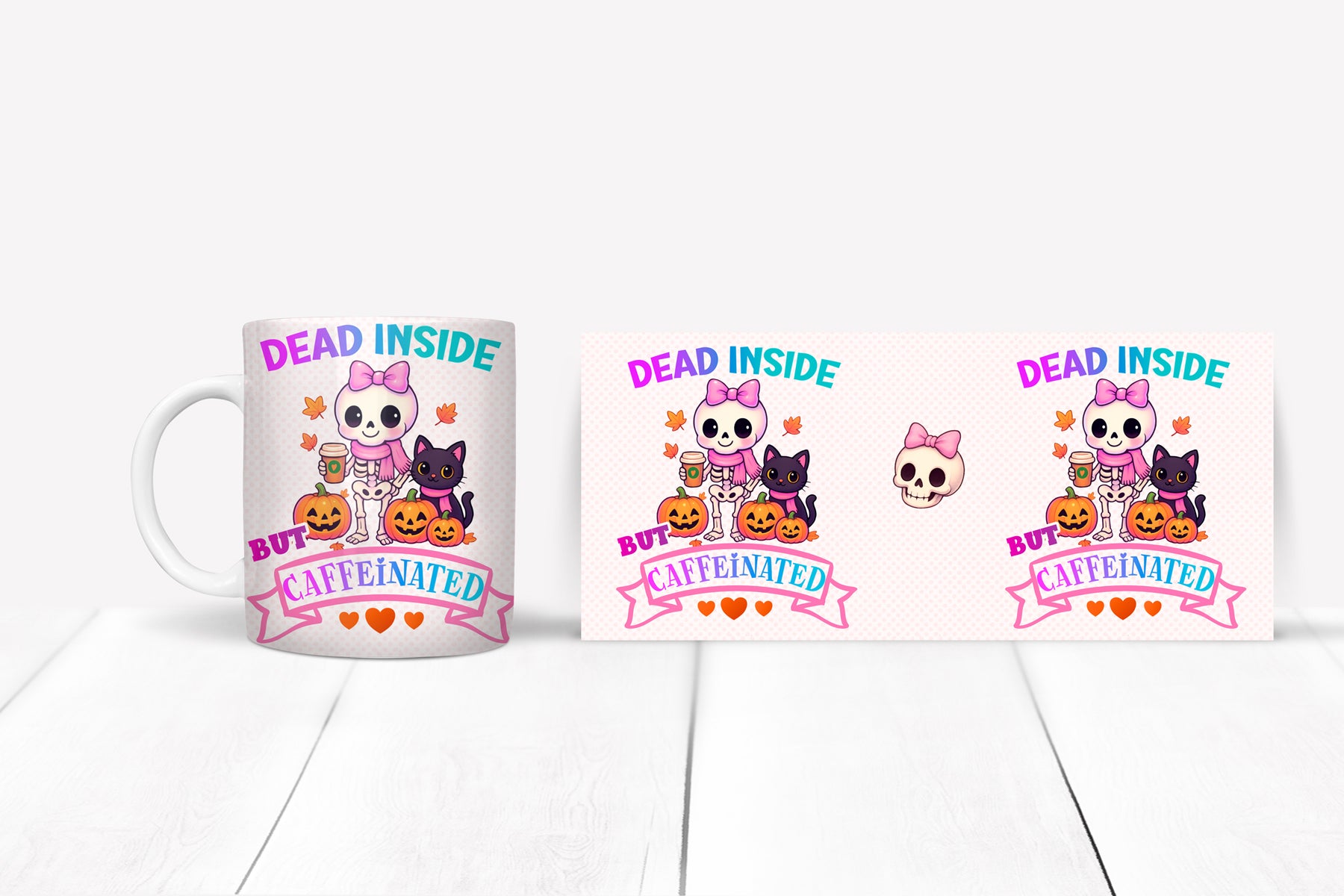 Mug with cartoon character and text 'Dead Inside But Caffeinated' on a white background