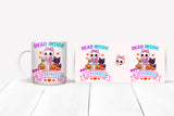 Mug with cartoon character and text 'Dead Inside But Caffeinated' on a white background