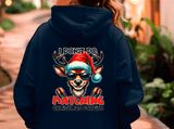 Person wearing a navy hoodie with a reindeer graphic and text on the back.