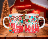 Two Christmas-themed mugs on a wooden surface with a festive background.
