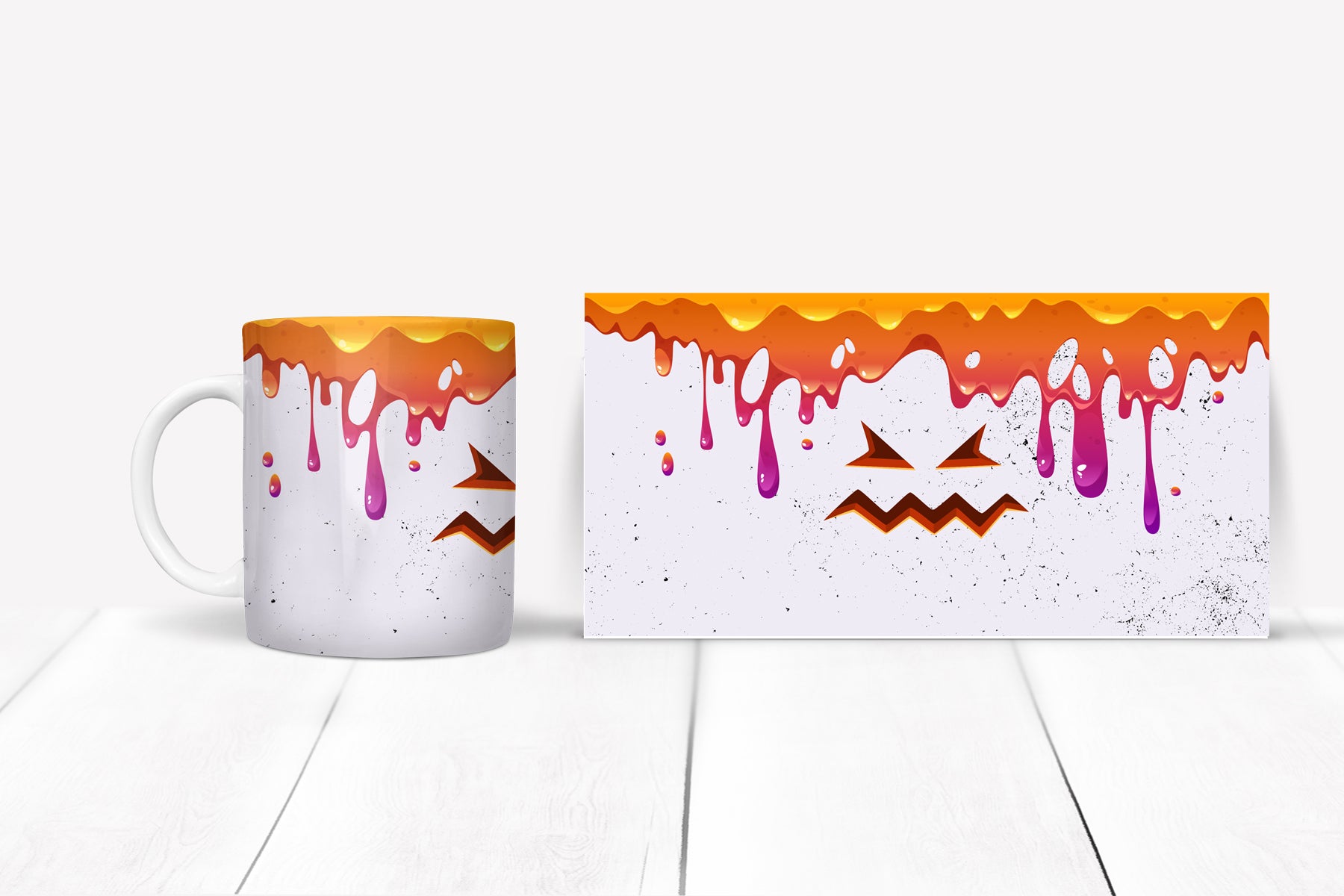 Halloween-themed mug and box with colorful design on a white background