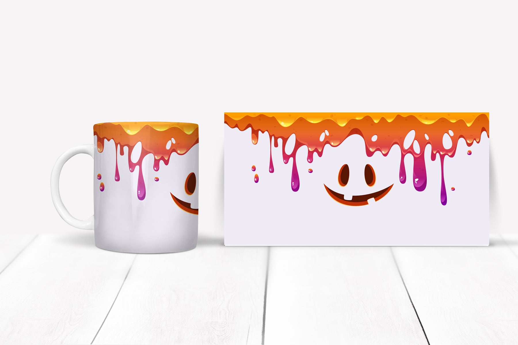 Mug and tray set with colorful drip design on a white background