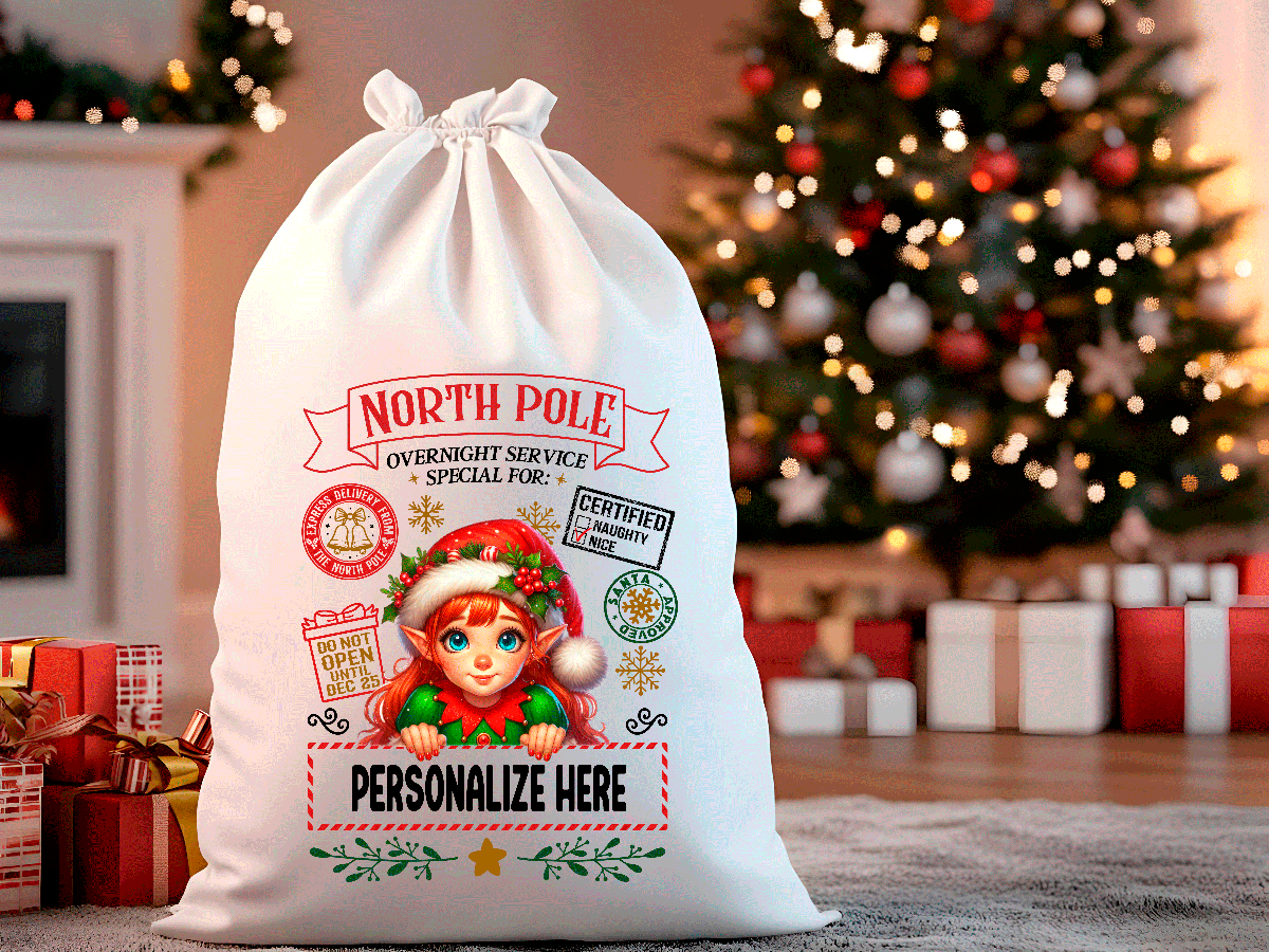 Personalized Santa sack with elf design in a festive room with Christmas tree and presents.