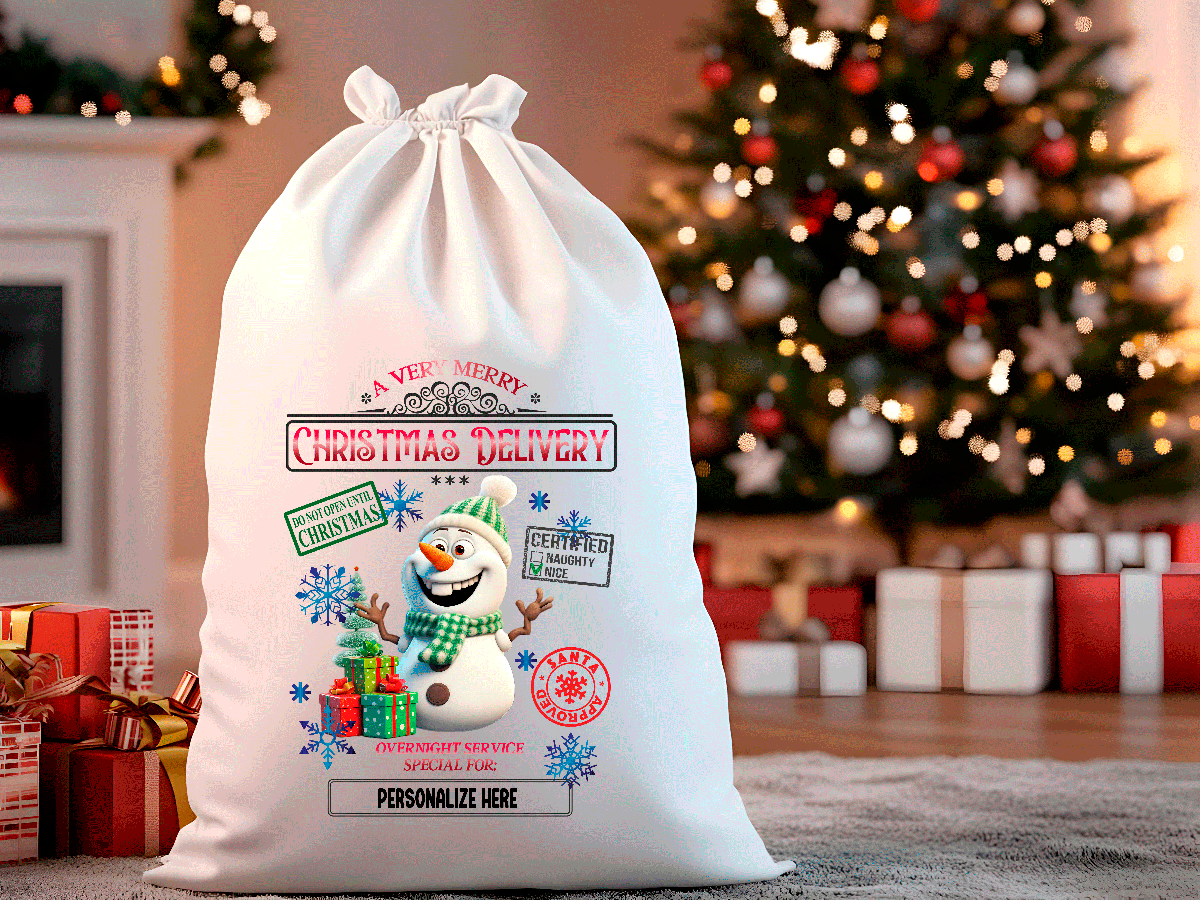 White Santa sack with festive design in front of a decorated Christmas tree and presents.