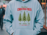 Light blue hoodie with Christmas tree design and text in a city setting