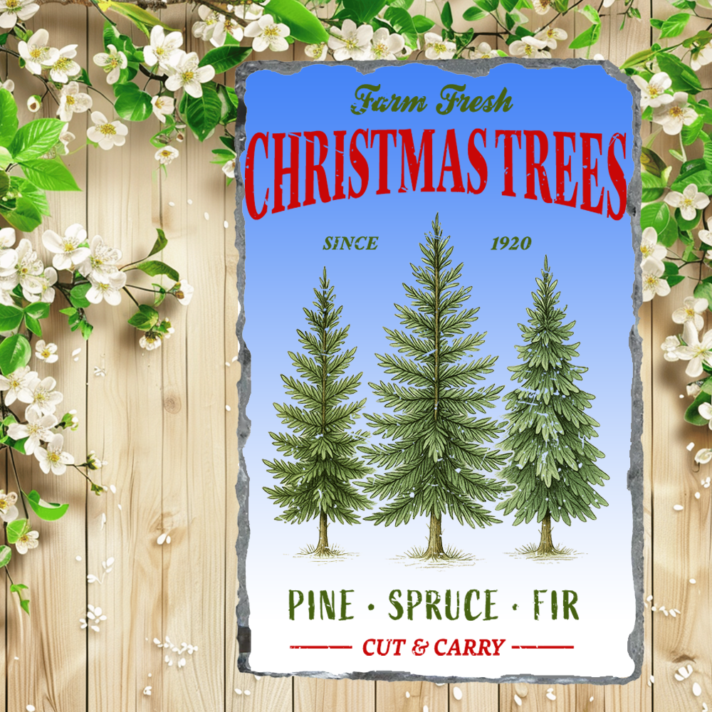 Vintage-style sign advertising 'Farm Fresh Christmas Trees' with trees and flowers on a wooden background.