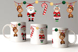 Three white mugs with Christmas-themed illustrations on a gray background