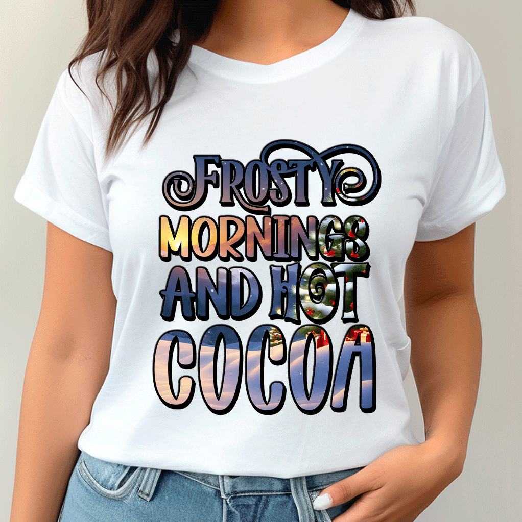 White t-shirt with colorful text 'Frosty Morning and Hot Cocoa' worn by a person.