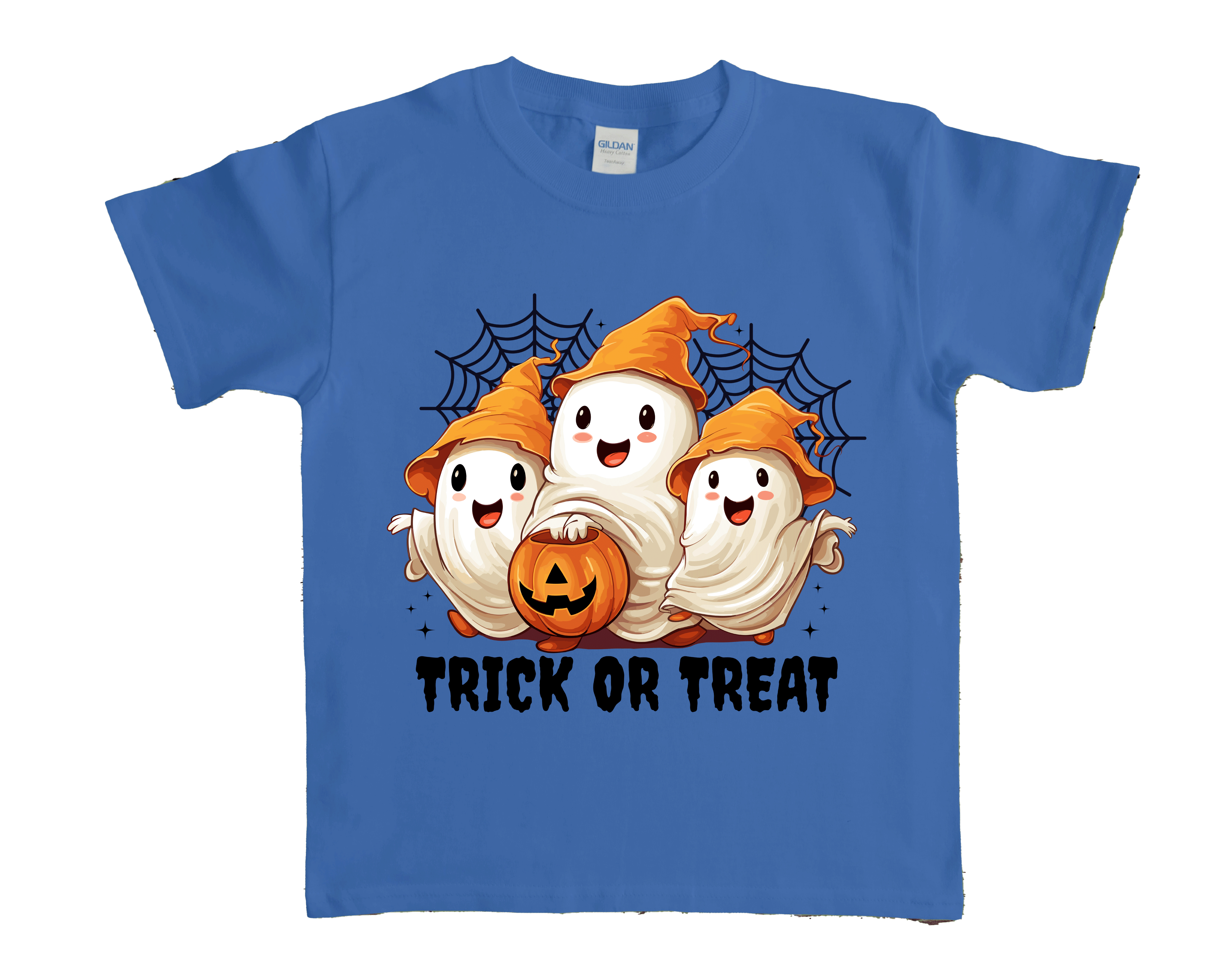 Blue t-shirt with Halloween-themed design featuring ghosts and a pumpkin on a white background.