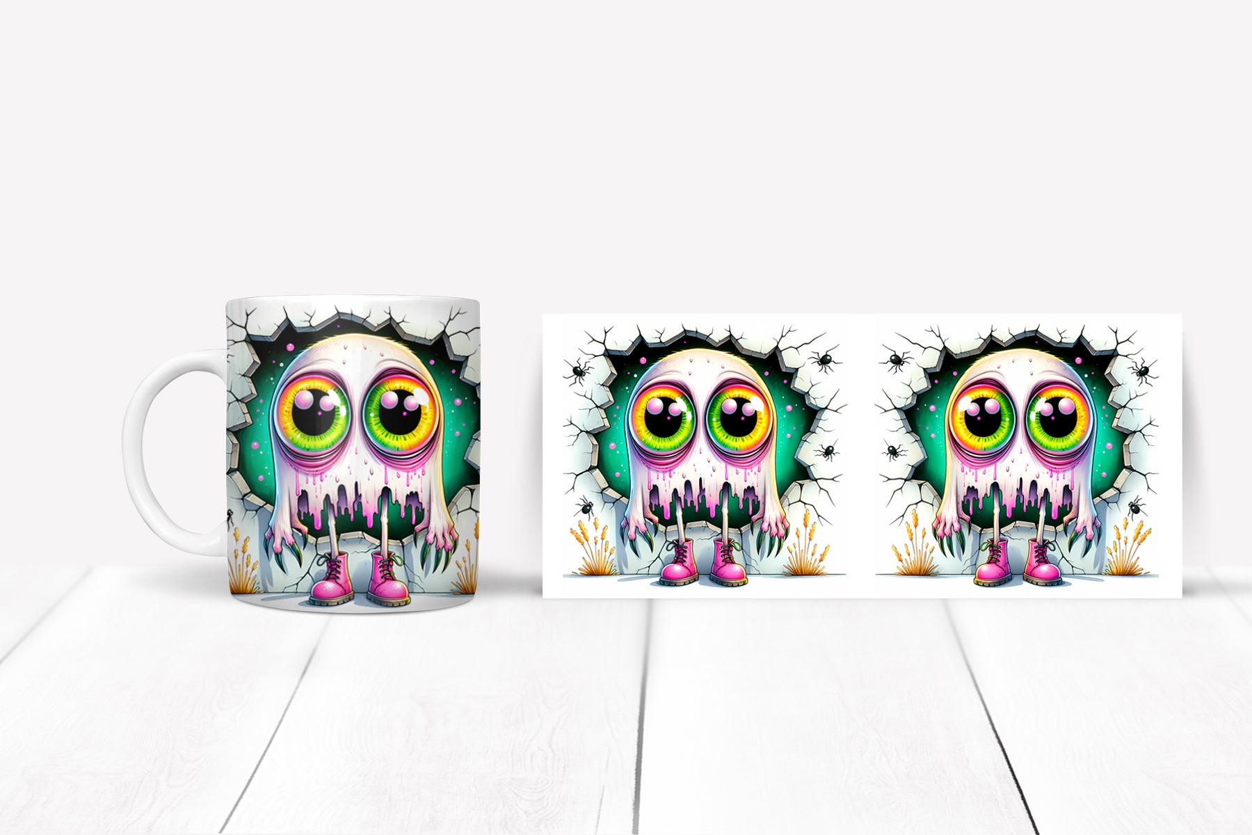 Three mugs with a colorful monster design on a white background