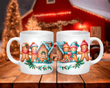 Two white mugs with gingerbread design on a wooden surface with a festive background.