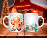 Two Christmas-themed mugs on a wooden surface with a festive background.