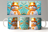 Decorative mugs with snowman design on a white surface