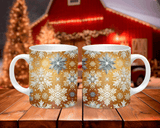 Two mugs with snowflake pattern on a wooden surface with a festive background.