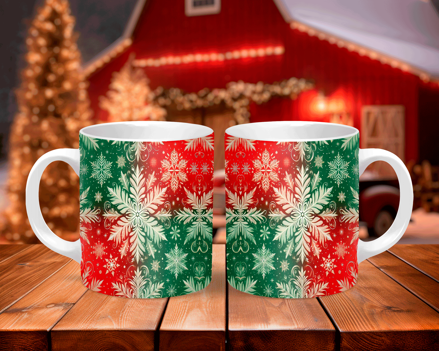 Two Christmas-themed mugs with red and green patterns on a wooden table.