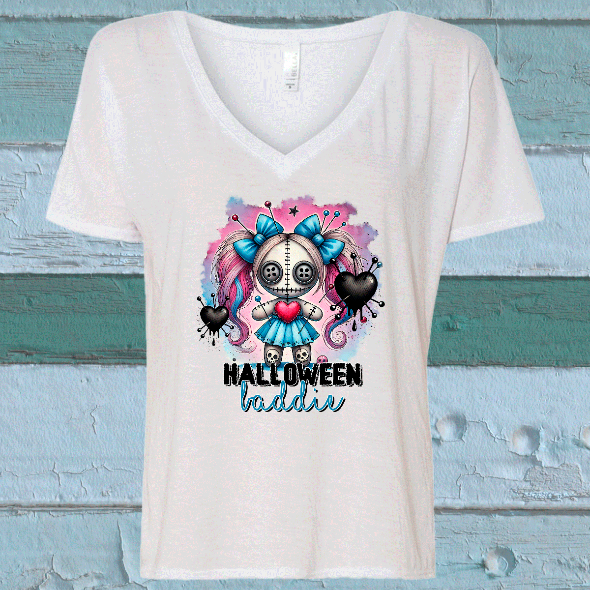 Halloween Baddie Sublimated Graphic Ladies V-neck T-shirts