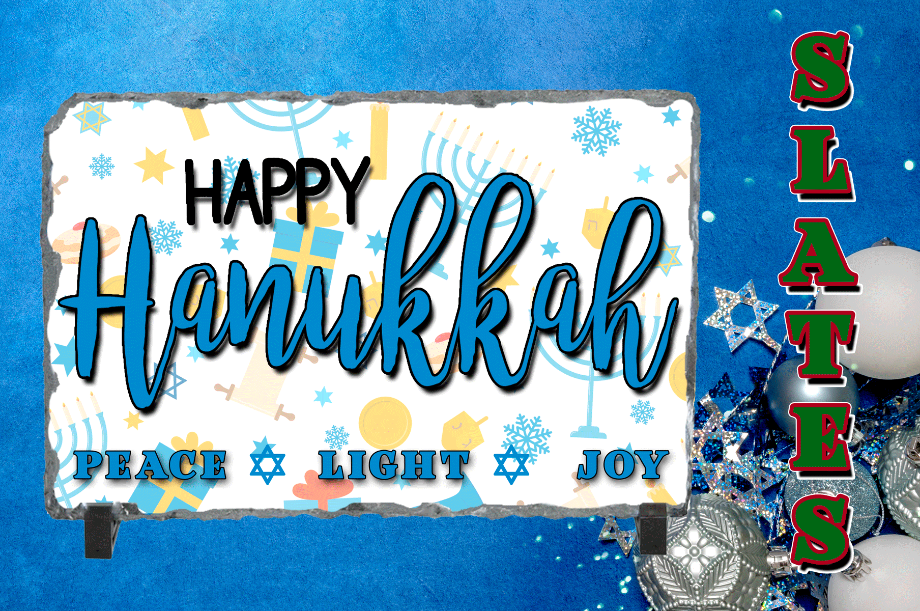 Decorative sign with 'Happy Hanukkah' text on a blue background