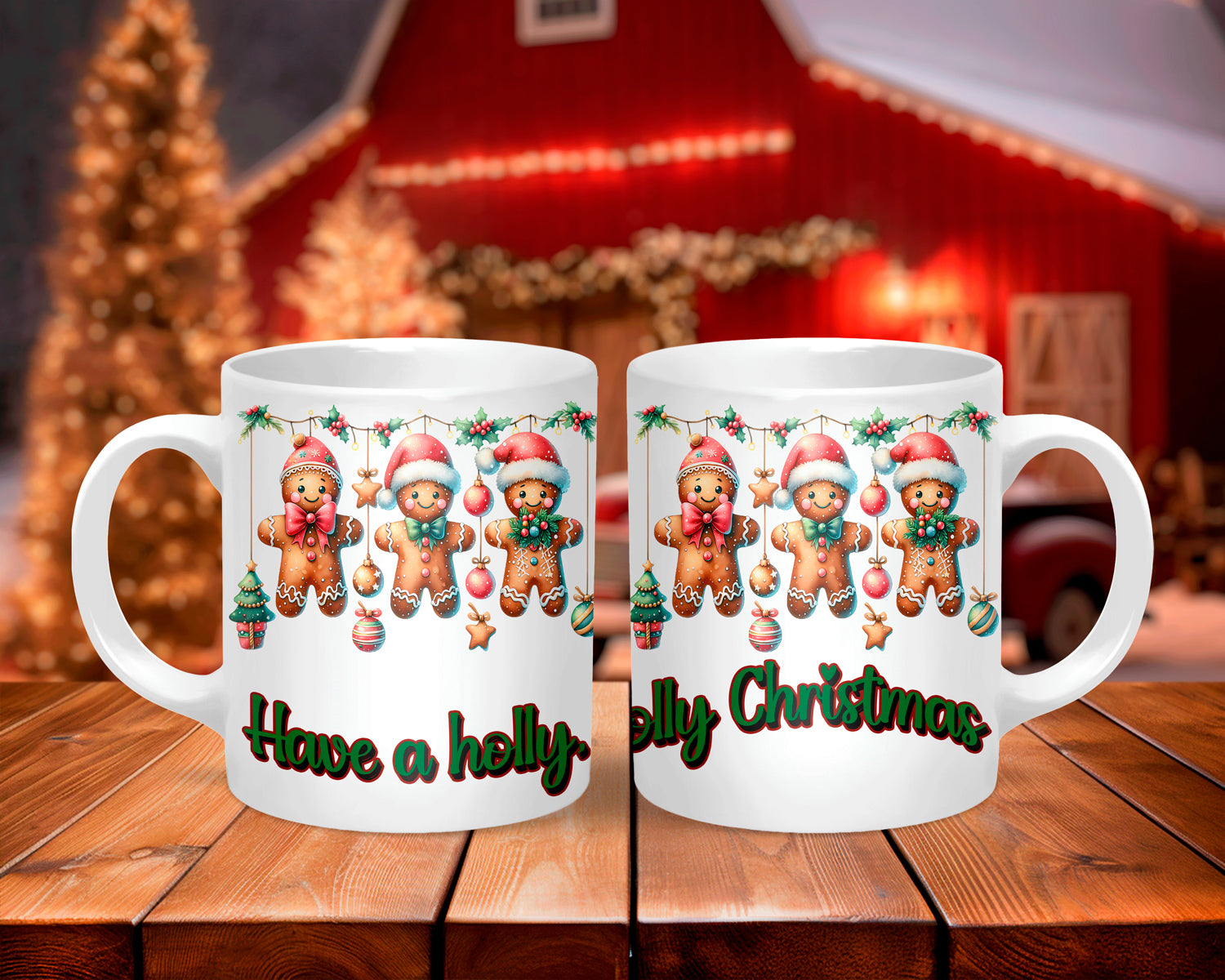 Two Christmas-themed mugs with gingerbread design on a wooden table.