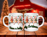 Two Christmas-themed mugs with gingerbread design on a wooden table.