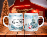 Two Christmas-themed mugs on a wooden surface with festive background