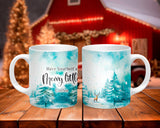Two mugs with Christmas-themed designs on a wooden surface with a festive background.