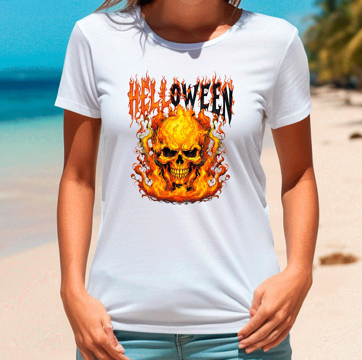 Helloween Skull Flames Sublimated Graphic Ladies T-shirts