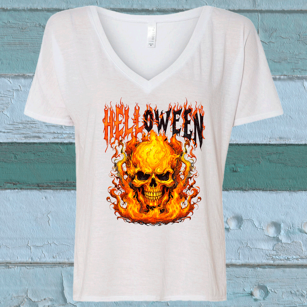 Helloween Skull Flames Sublimated Graphic Ladies V-neck T-shirts