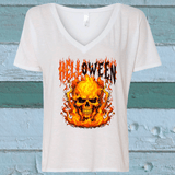 Helloween Skull Flames Sublimated Graphic Ladies V-neck T-shirts